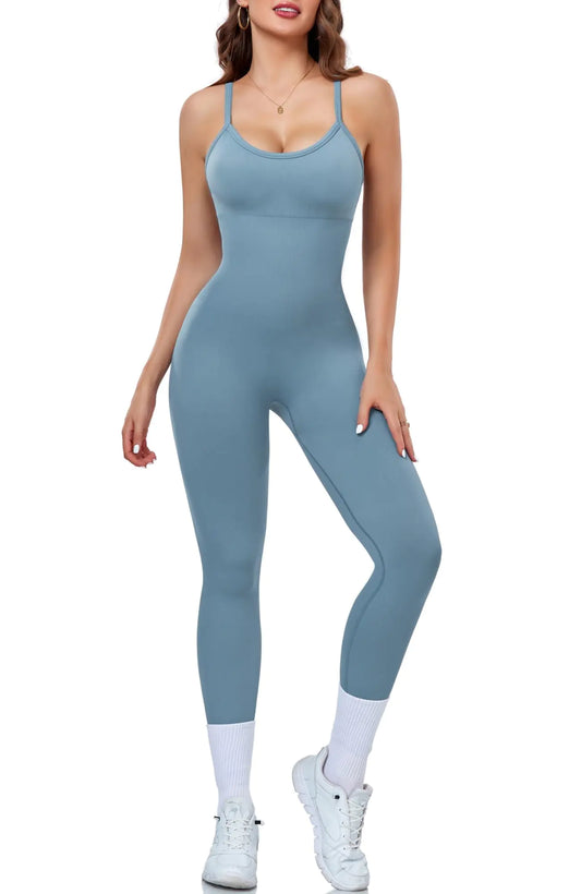 OLCHEE Womens Workout Yoga Jumpsuits Rompers - One Piece Seamless Unitard Leggings Spaghetti Strap Bodysuit Gym - Blue Large